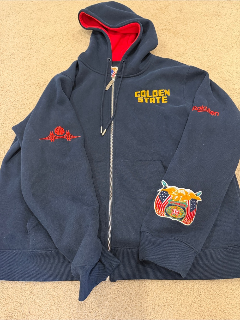 Golden State Navy Zip-Up Hoodie Jacket with Red Hood Lining